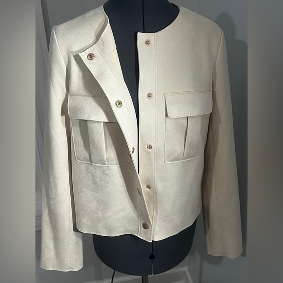 Vince Camuto Faux-Suede Utility Jacket Cream Collarless Blazer Gold Snaps Sz M - Picture 4 of 15